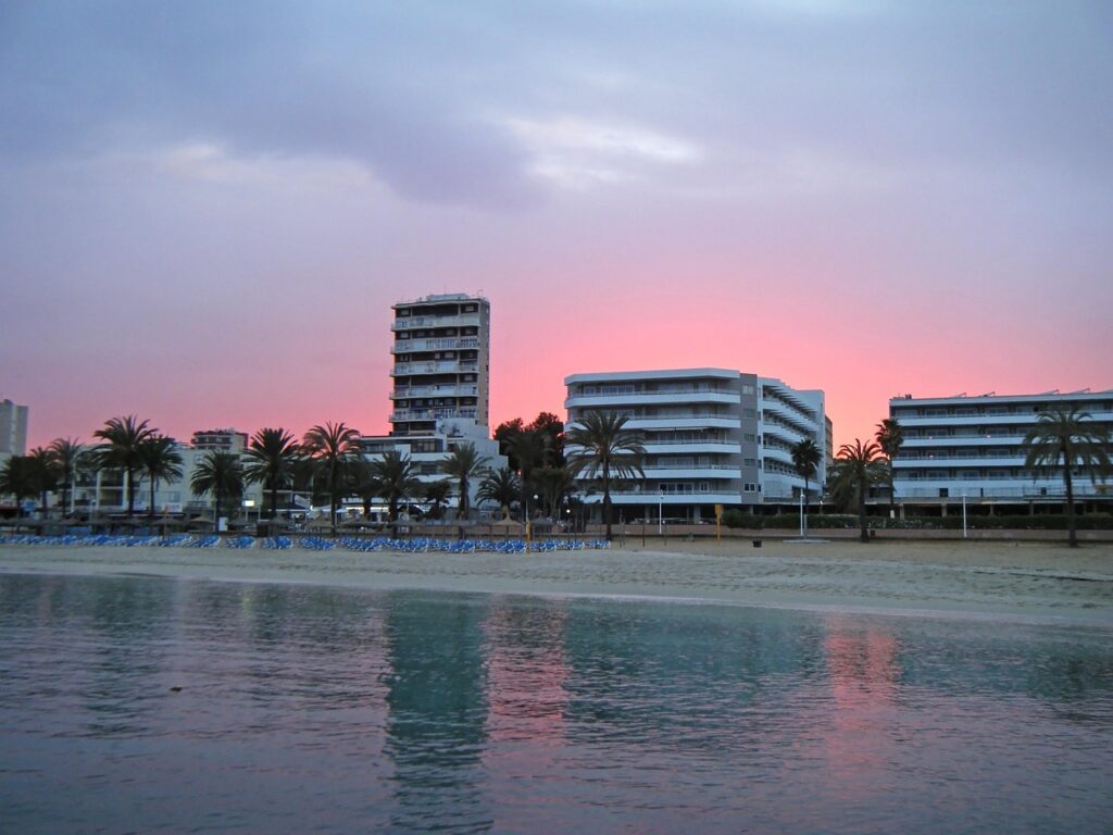 sunset in a hotel area in magaluf